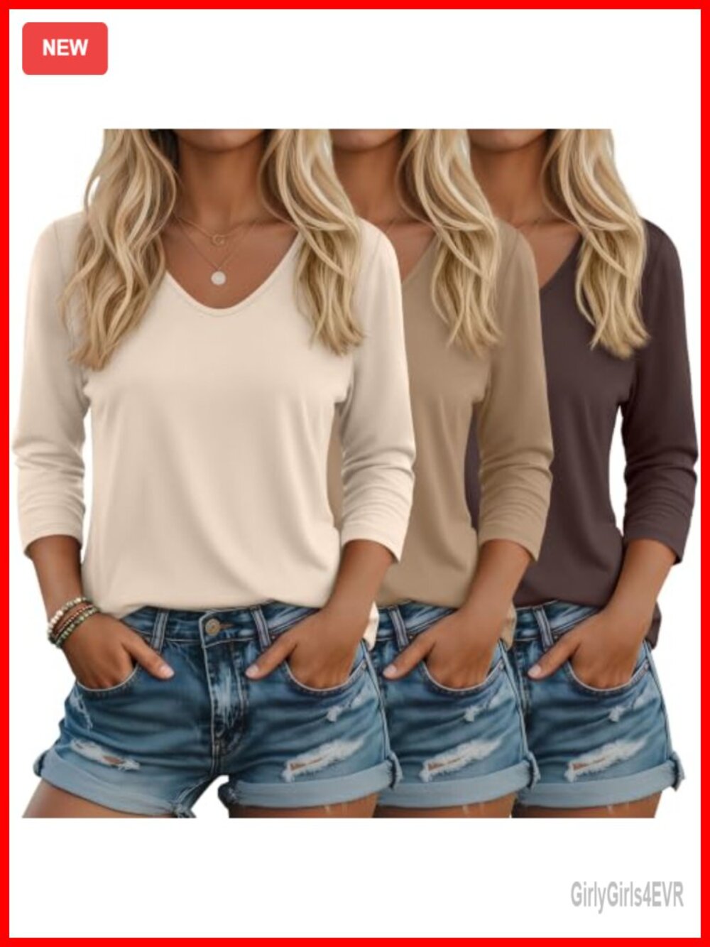 3 Pack Women's 3/4 Sleeve V Neck Tops Loose Fit Casual T-Shirts